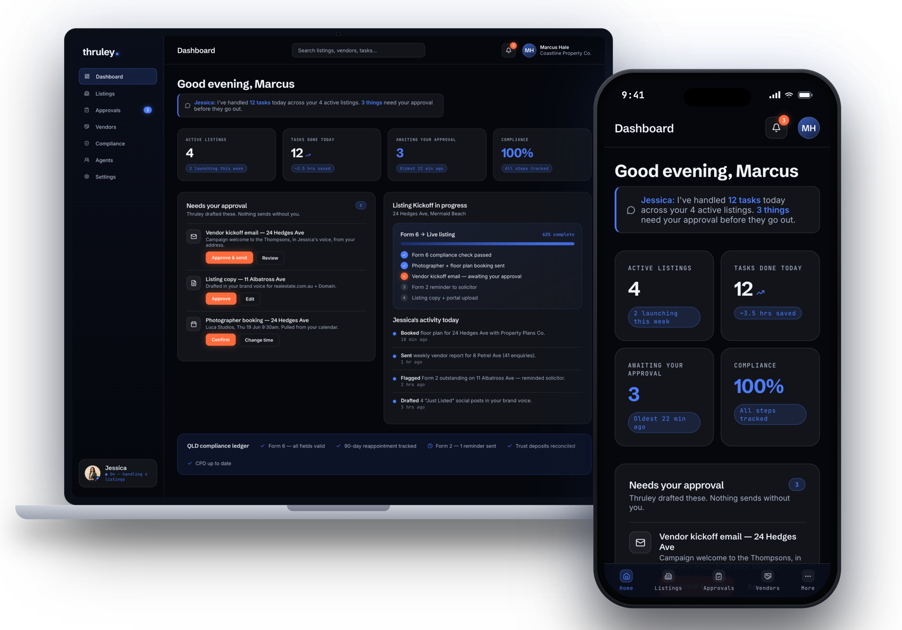 Thruley on a MacBook and iPhone — the full dashboard on your desk, the mobile app in your pocket