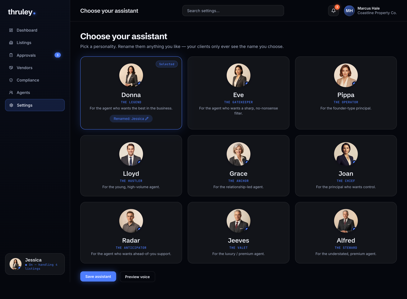 Choose your assistant: nine personalities, each renamable, and your clients only ever see the name you choose